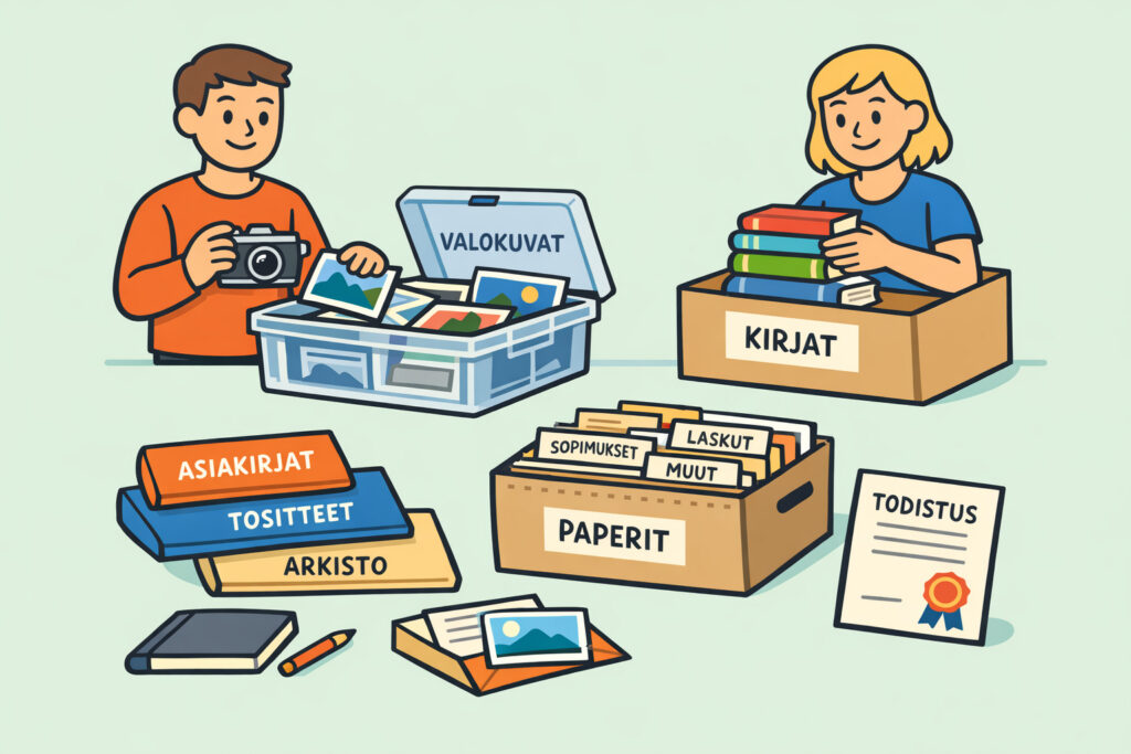 Valokuvien, kirjojen ja paperitavaroiden varastointi